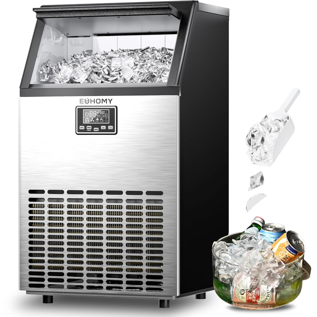EUHOMY Commercial Ice Maker Machine,Moon-Shaped Ice,100lbs/24H Stainless Steel Under Counter Ice Machine with 33lbs Storage Bin, Freestanding Crescent Ice Maker for Home/Bar/Cafe/Restaurant