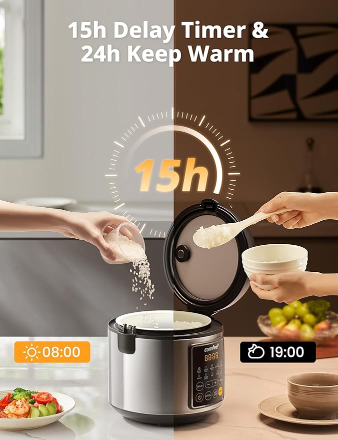 COMFEE' Rice Cooker, 4 Cups Uncooked, 8 Cups Cooked Slow Cooker, 2 Qt Small Multicooker with 10 Presets, Steamer & Grain Cooker, Non-Stick Inner Pot