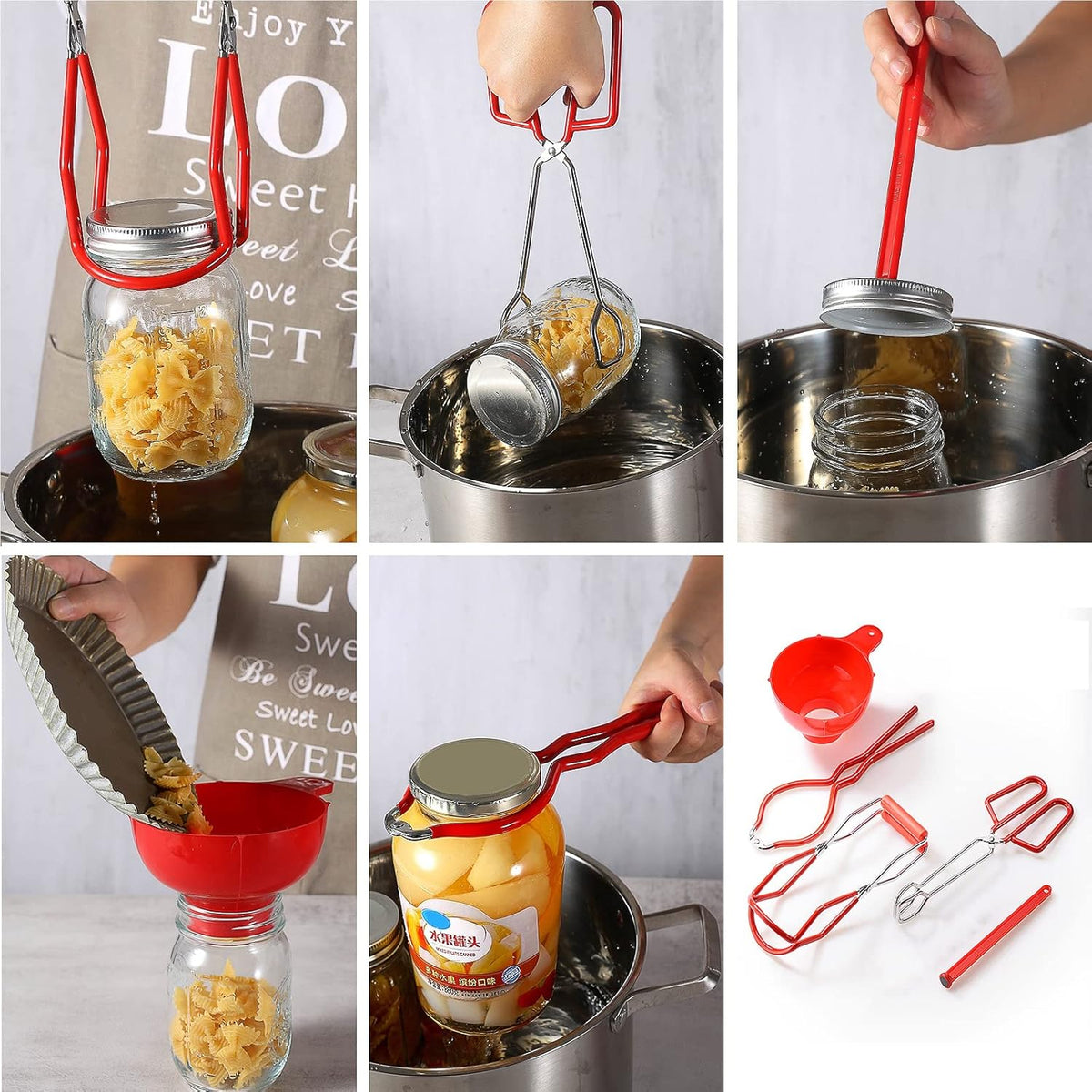 5PCS Canning Supplies Canning Kit, Canning Essentials Set Include Tongs, Wide Mouth Funnel, Jar Lifter, Jar Wrench, Magnetic Lid Lifter, Stainless Steel Anti-Scald Clip Suit (Red)