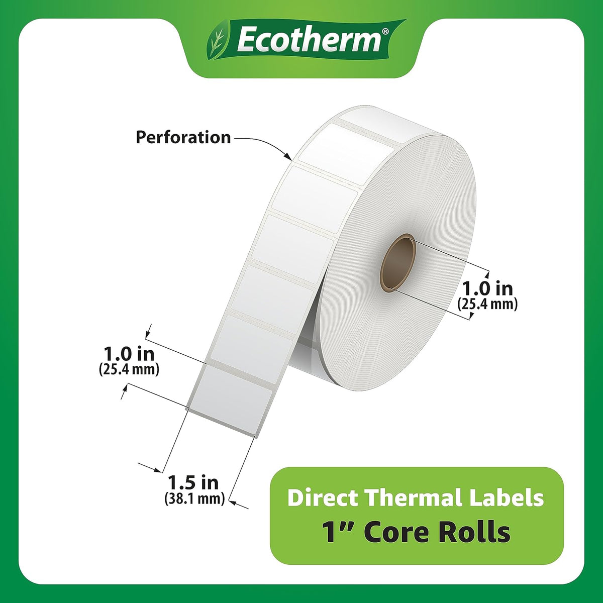 1.5" x 1" Thermal Labels | 6 Rolls | 11400 Labels | fits Zebra, Godex, Arkscan, iDPRT, Offnova Thermal Label Printers and More | Blank White Adhesive Stickers by Ecotherm