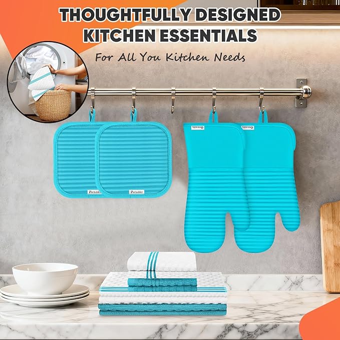 Oven Mitts Kitchen Towels and Dishcloths with Pot Holders Sets, Oven Gloves Hot Pads 500°F Heat Resistant with Silicone Grip, Include 2 Cooking Gloves/2 Potholders/4 Kitchen Towels/4 Dish Towels