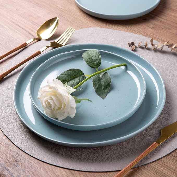 AmorArc Ceramic Dinnerware Sets for 4, 12 Pieces Handpainted Plates and Bowls Set with Rustic Terracotta Underside, Scratch Resistant Stoneware Dishes Set, Dishwasher & Microwave Safe, Stone Blue