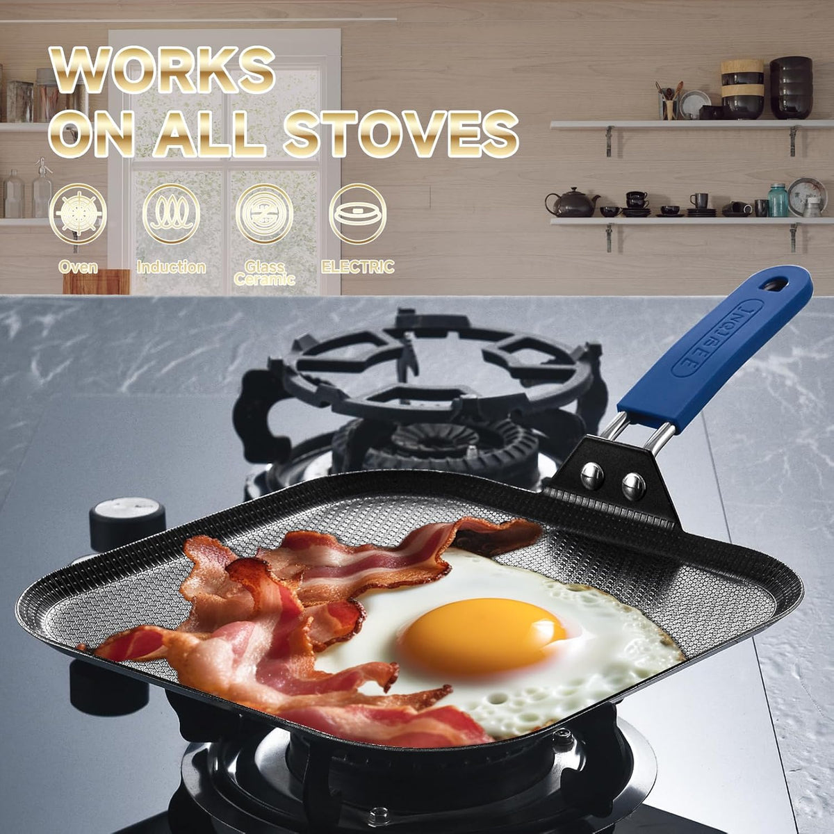 Inqibee 11 Inch Tri-ply Stainless Steel Square Griddle Pan,Hybrid Ceramic Nonstick Pancake Pan,Anti-scratch,Silicone Heat-resistant Handle,Dishwasher and Oven Safe.