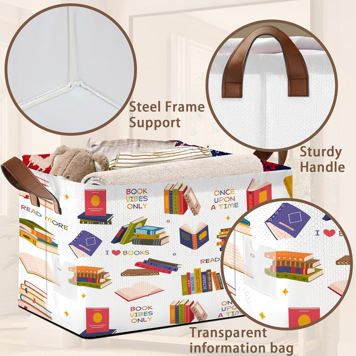 Book Lover Storage Basket Large 17x11.5x10.5 Inche-Collapsible Fabric Organizer Bin with Handles for Library, Reading Nook, Office-Foldable Decorative Hamper with Classic Book Spine Design-Single Pack