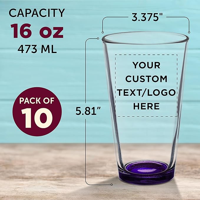 Custom Arc Pint Glass 16 oz. Set of 10, Personalized Bulk Pack - Beer Glasses, Heavy Duty Drinkware - Purple