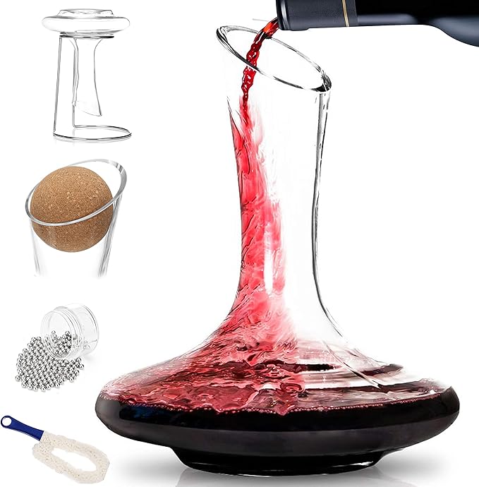 BTaT- XL Decanter with Drying Stand, Stopper, Brush and Beads, Hand Blown Crystal Glass, Wine Decanter, Wine Carafe, Wine Accessories, Red Wine Decanter