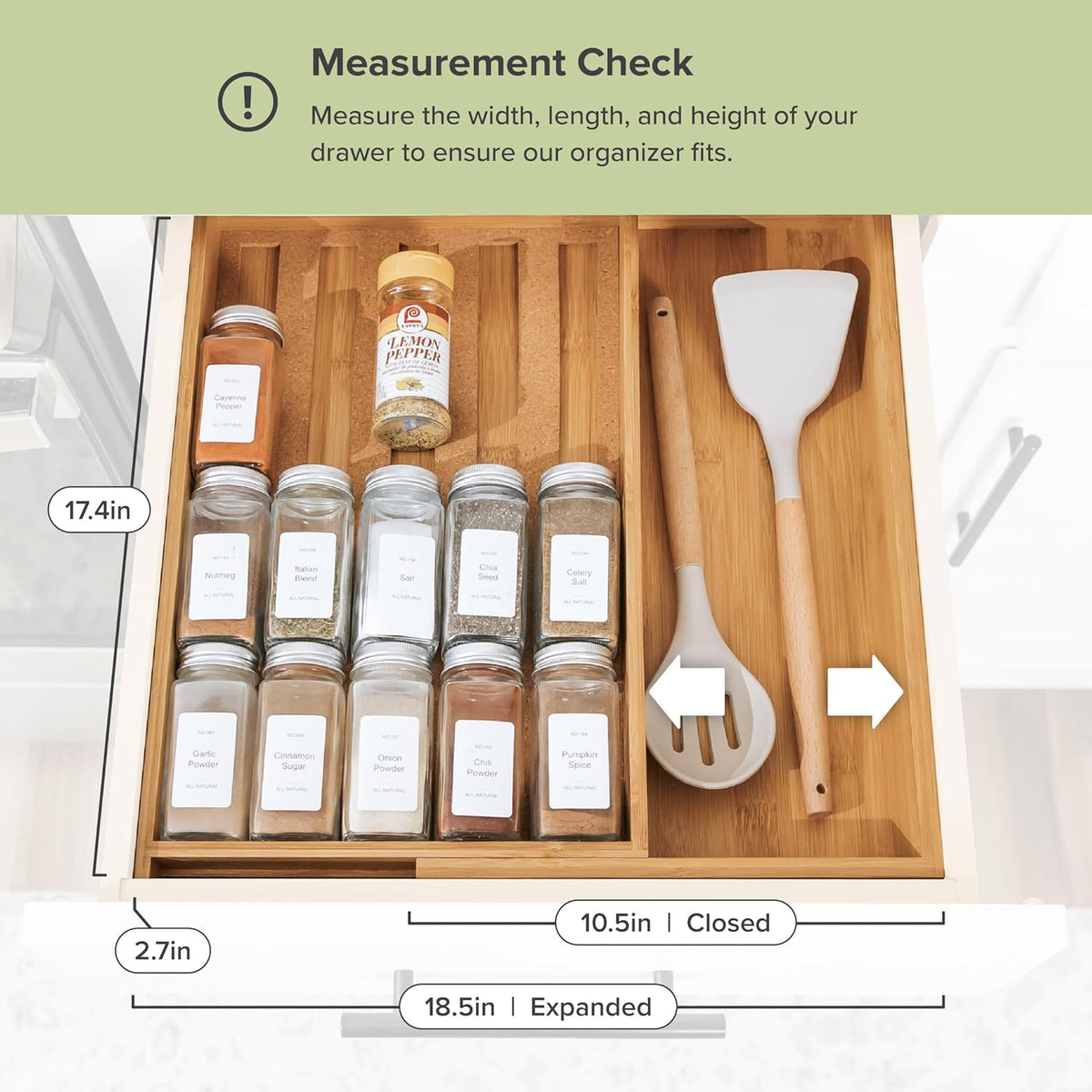 KitchenEdge Spice Drawer Organizer with Expandable Storage. Holds up to 15 Spice Jars (Not Included), Non-Slip Feet, Kitchen Accessory Storage, 100% Sustainable Bamboo Wood