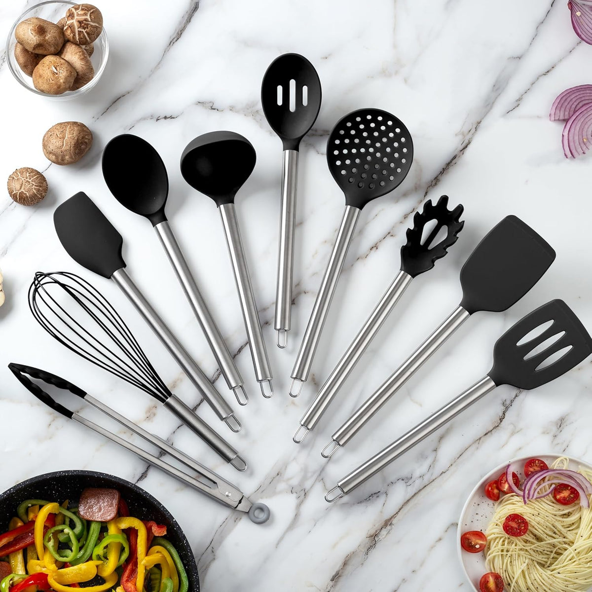 COOK WITH COLOR Silicone Cooking Utensils, Kitchen Utensil Set, Easy to Clean Silicone Kitchen Utensils, Cooking Utensils for Nonstick Cookware, Kitchen Gadgets Set, 10 Pieces, Black