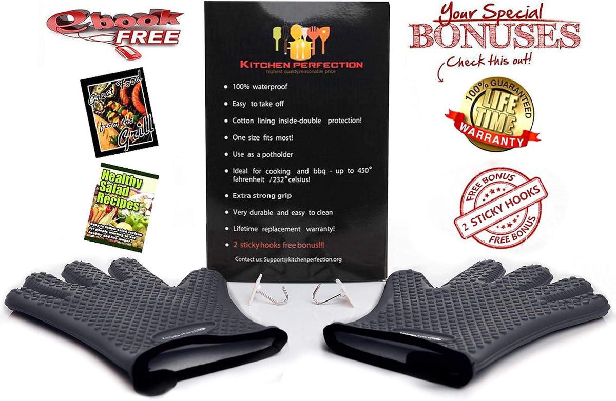 KITCHEN PERFECTION Silicone Smoker Oven Gloves-Extreme Heat Resistant BBQ Gloves-Handle Hot Food Right on Your Grill Fryer & Pit|Waterproof Grilling Cooking Baking Mitts|Superior Value Set +3 Bonuses