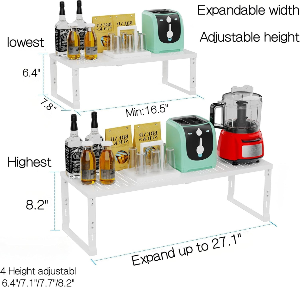 Heavy-Duty Adjustable Metal Shelf Organizer - Expandable & Stackable Pantry Storage Rack for Kitchen, Bathroom, RV, Cabinets(3 Packs/White,Medium)