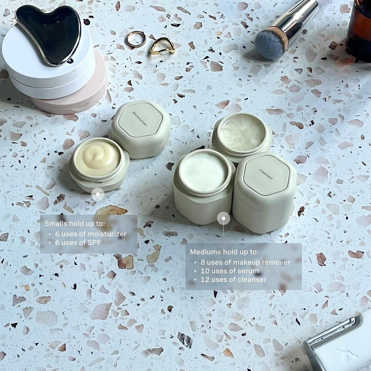 Cadence Travel Containers - Core Skincare Set - Magnetic Containers with Lids,2 Small (0.56oz) & 3 Medium (1.32oz) - Cleanser, Moisturizer, Serum, Makeup Remover & Sun Icon Labels - Sand