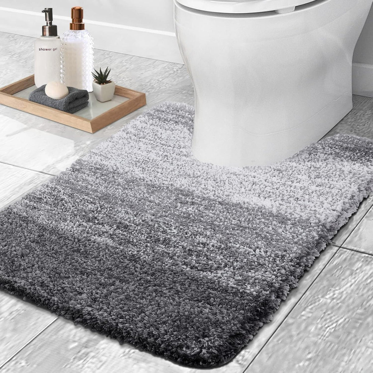 OLANLY Luxury Toilet Rugs U-Shaped 24x20, Extra Soft and Absorbent Microfiber Bathroom Rugs, Non-Slip Plush Shaggy Bath Mat, Machine Wash Dry, Contour Bathroom Mats for Toilet Base, Grey