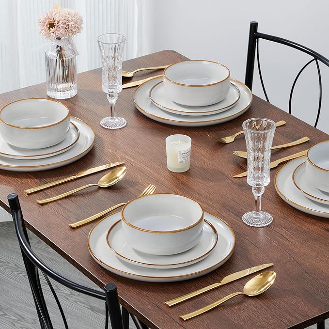 E-far Plates and Bowls Set for 4, 12-Piece Stoneware Dinnerware Sets, Ceramic Dinning Ware Reactive Glaze Dishes Set, Microwave & Dishwasher Safe - Seashell White