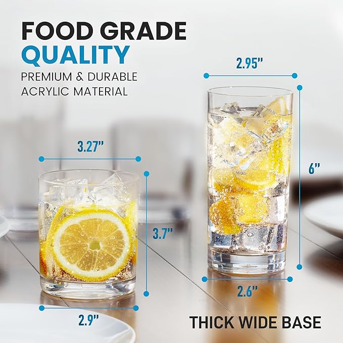 Zulay Kitchen Plastic Drinking Glasses (Set of 8) – Mixed 16oz & 12oz Acrylic Shatterproof Cups for Home, Kitchen & Outdoors – Crystal Clear Glass Look – BPA & Lead-Free – Top-Rack Dishwasher Safe