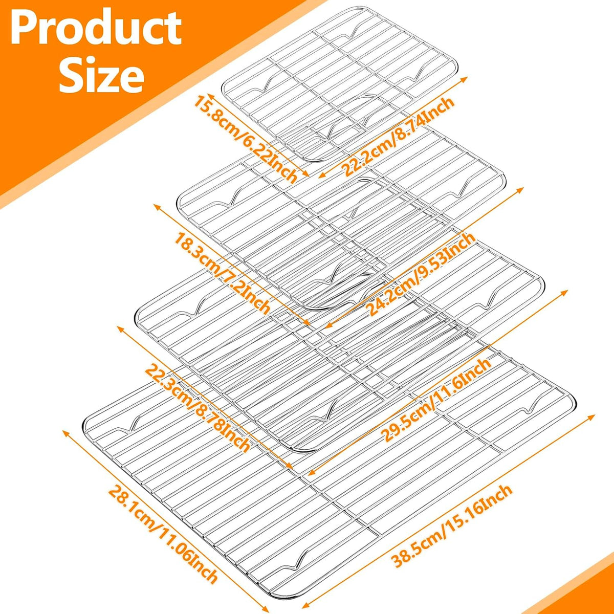 Baking Cooling Rack Set Stainless Steel Baking Racks, Roasting Rack for Roasting Grilling Cooking and Baking, Heavy Duty Wire Racks, Oven & Dishwasher Safe, 4 Various Sizes
