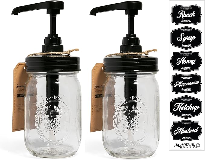 Jarmazing Products Mason Jar Syrup Dispenser - Set of 2 – 16 oz Ball Jars with Rust-Proof, Leak-Proof, Food Grade Pumps for Honey, Syrups, Condiments, Salad Dressings and More