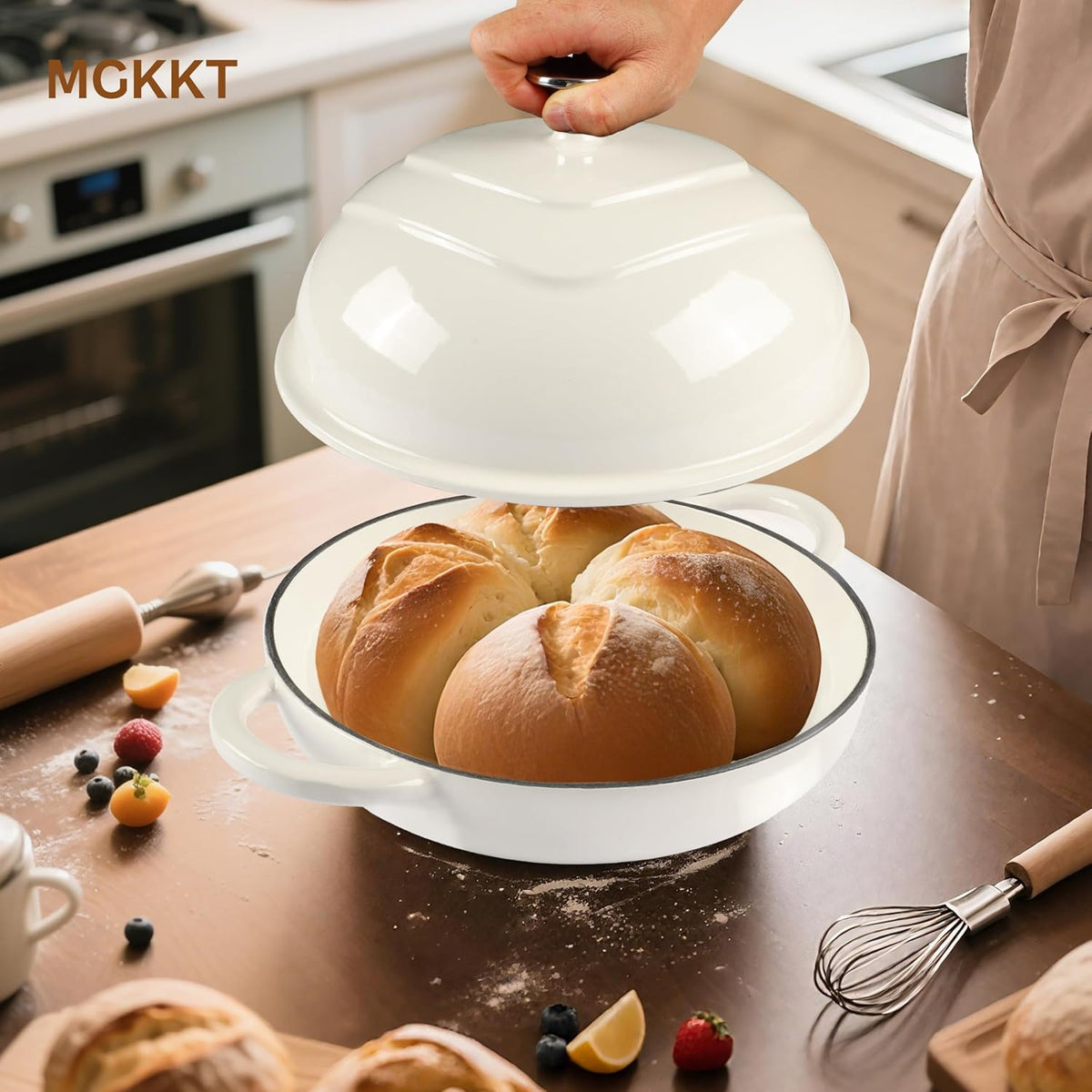MGKKT Enameled Cast Iron Dutch Oven Pot for Sourdough Bread Baking, 5 Quart Non Stick Cloche Homemade Bread Oven with Lid, Baking Gifts, Alpine Oat White