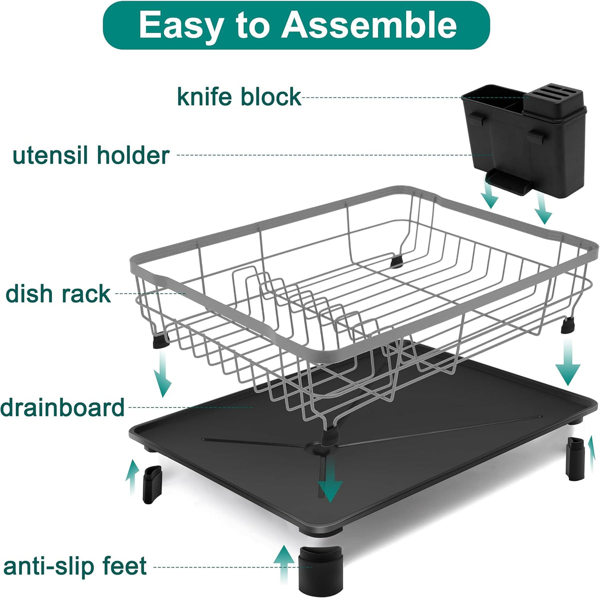 Dish Drying Rack for Kitchen Counter,Space-Saving Dish Rack with Drainboard,Rustproof Countertop Dish Drainer with Utensil Holder for Sink,Gray