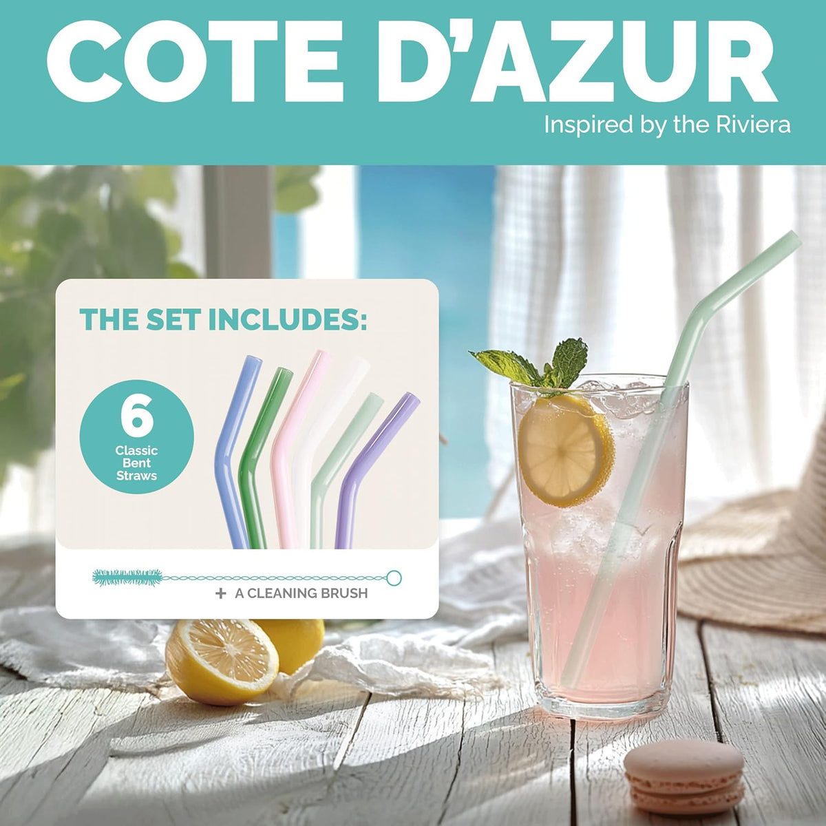 Simply Straws 10 Inch Glass Straws Bent (6-Pack) – Reusable Glass Straws for 24 Oz Mason Jars & Tumblers, with Cleaning Brush – Durable, Dishwasher Safe, Hot & Cold Use, BPA-Free (Cote d'Azur)