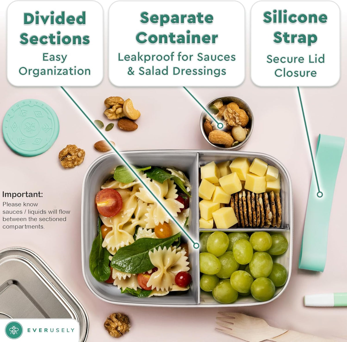 Everusely - Bento Box - Green, 47oz / 1.4 L - Stainless Steel Lunch Box with Leakproof Condiment Container - 3 Compartment Snack Organizer for On the Go Meals - Freezer & Dishwasher Safe