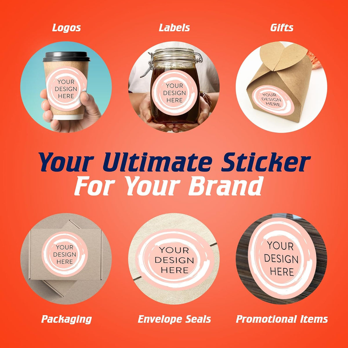 100 Custom Vinyl Stickers - Upload Your own Image, Text, Design, Logo - Personalized Logo Labels for Handmade, Packaging, Bottle, Jars, Candle, Brand Stickers (Peach, 6x6)