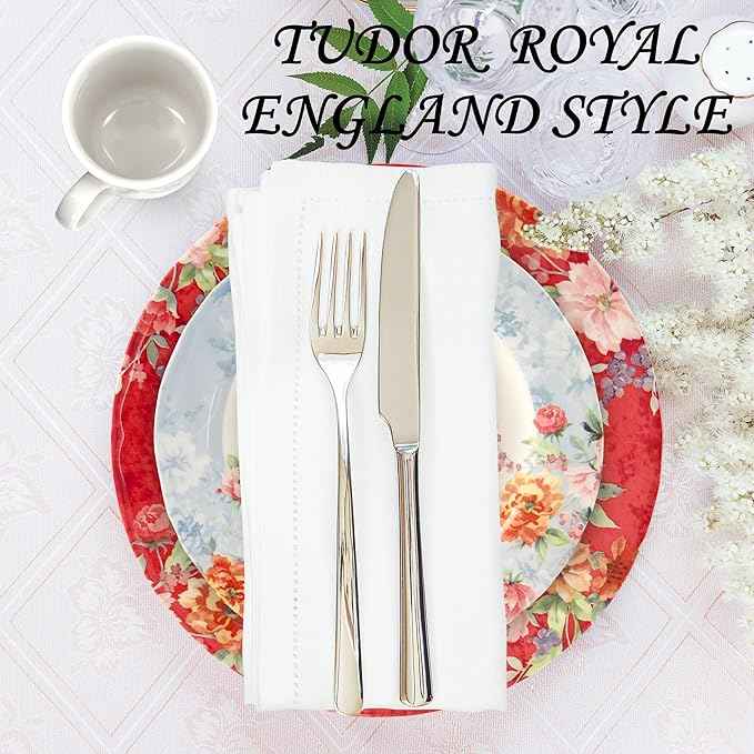 Tudor Royal 16-Piece Porcelain Round Dinnerware Set, Service for 4, Crimson Design, Summer Floral, Plates Bowls Mugs Dishes, Glossy, Premium Quality Tableware, Unique Pattern