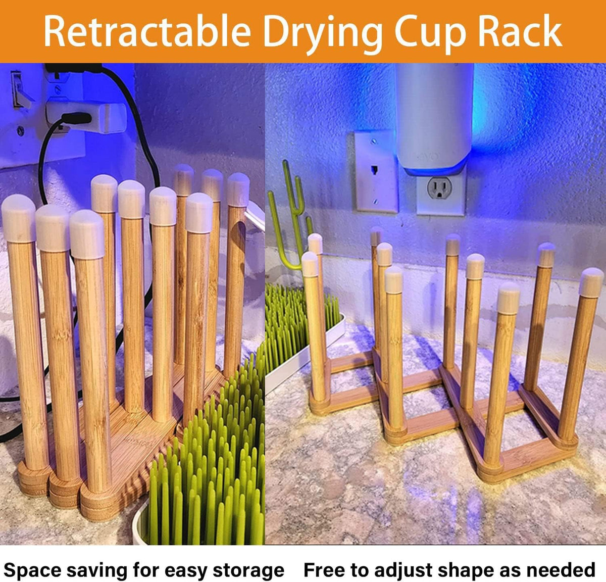 Bamboo Retractable Bottle Drying Rack Cup Dish Drying Racks,Sports Water Bottle and Mug Drainer Stand, Plastic Bag Dryer Rack and Multifunctional Drying Rack for Kitchen Countertop