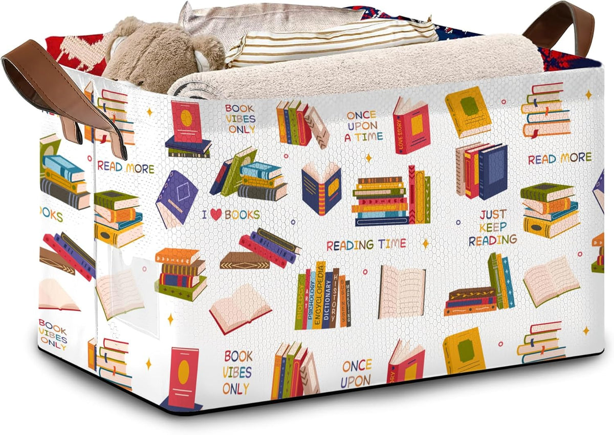 Book Lover Storage Basket Large 17x11.5x10.5 Inche-Collapsible Fabric Organizer Bin with Handles for Library, Reading Nook, Office-Foldable Decorative Hamper with Classic Book Spine Design-Single Pack