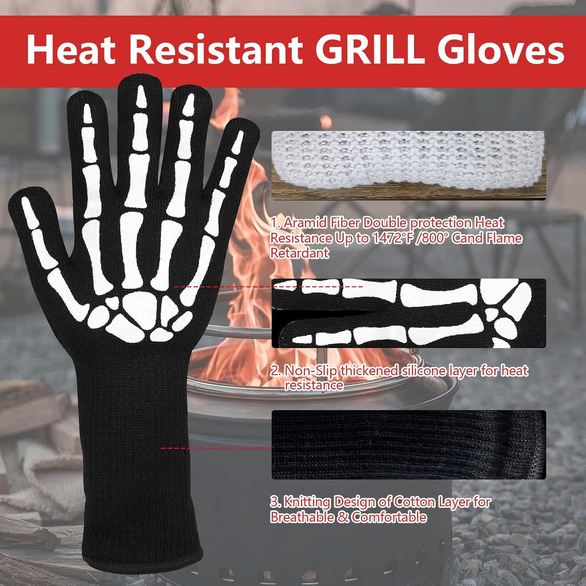 UBeesize Lengthen BBQ Gloves (Skeleton), 1472°F Heat Resistant Grill Glove, 14 inch Fireproof Oven Gloves for Cooking, Non-Slip Fire Glove for Grilling, Barbecue, Smoker, Baking, Frying