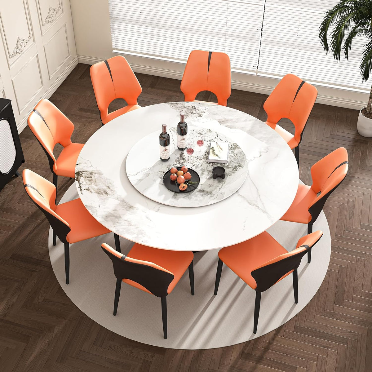 Montary 9 Piece Dining Table Chairs Set, Modern Dining Table Set of 8, Includes 59" D Marble Round Table with Bronzed Metal Cone Base, 8 Orange and Brown Dining Chairs for Home, Kitchen