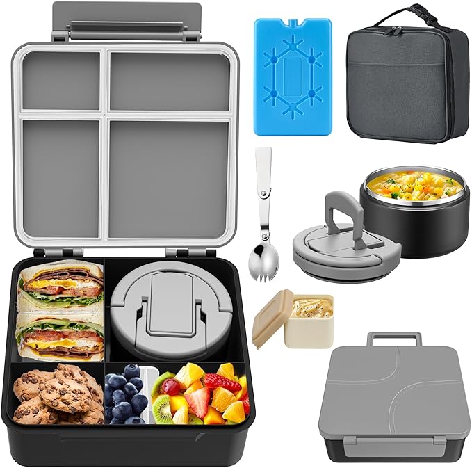 MAXSO Bento Lunch Box Set with 8 oz Soup Thermo, Kids Leakproof 4 Compartments Hot Food Container with Sauce Cup, Ice Pack and Lunch Bag, Child Insulated Food Jar for School - Black