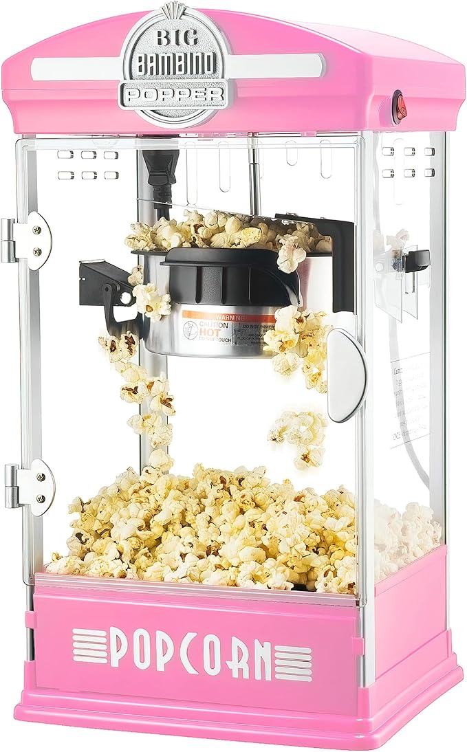 Big Bambino Popcorn Machine - Old-Fashioned Popcorn Maker with 4-Oz Kettle, Measuring Cups, Scoop, and Serving Cups by Great Northern Popcorn (Pink)