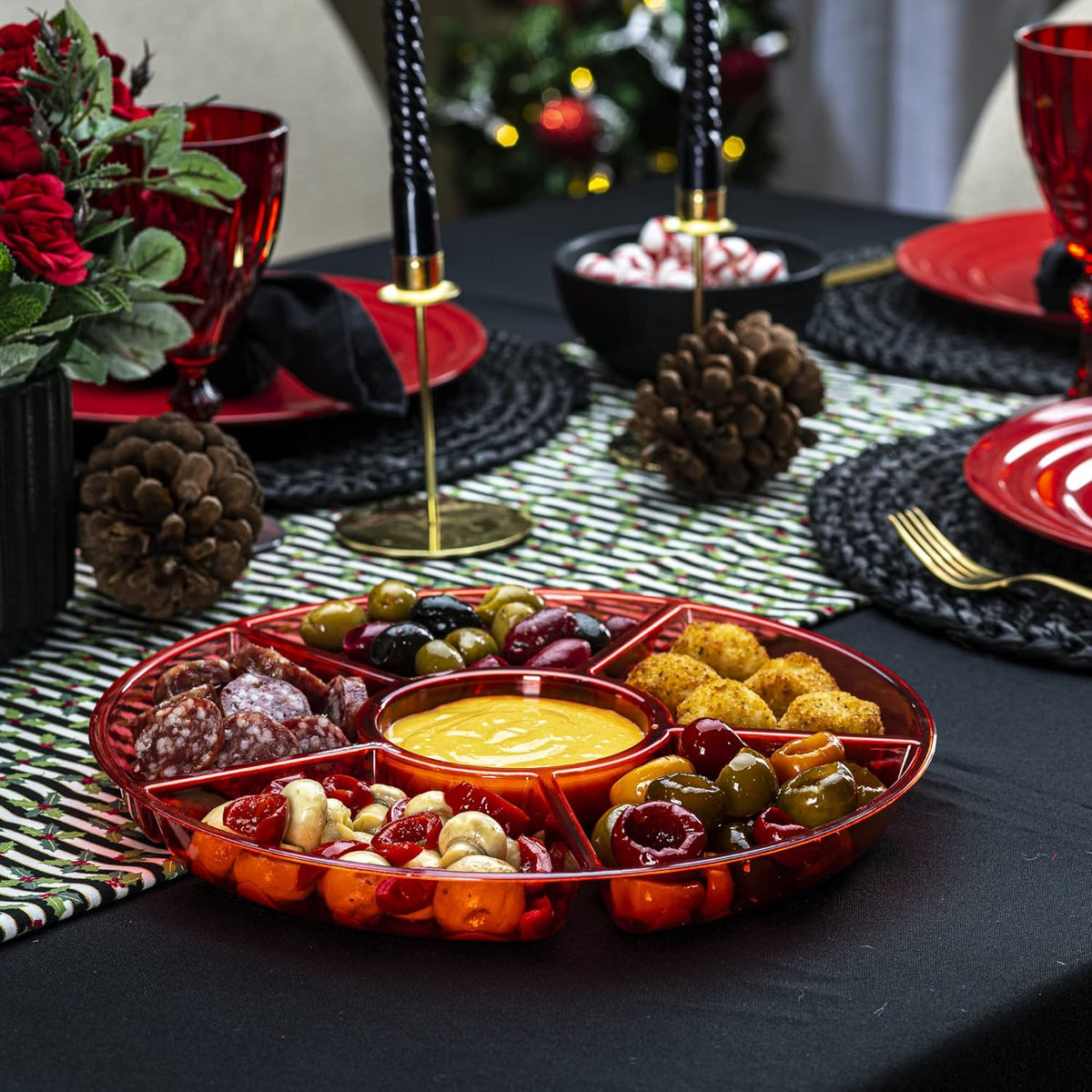 Plasticpro 6 Sectional Round Plastic Serving Tray/Platter (8, Red)
