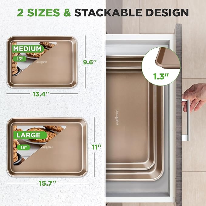 NutriChef 2 Piece Cookie Sheets for Baking, Nonstick Carbon Steel Baking Sheets - Durable, Thick, and Wrap Resistance, Easy to clean, Dishwasher & Oven Safe up to 450F