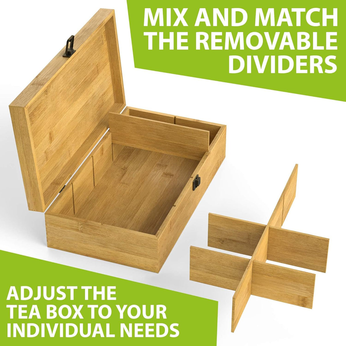 Bamboo Tea Organizer Box Chemical Free Eco-Friendly Big, Tall, Adjustable Cubbies Natural Wooden Storage Chest (8-Slot 14.3" x 8.1" x 4.2" Blank)