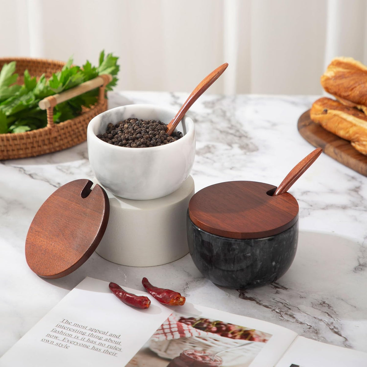 Marble Salt Cellar with Lid & Spoon, 11oz Salt and Pepper bowls, Handcrafted from Natural Marble, Smooth Inside ((white+black) bowl)