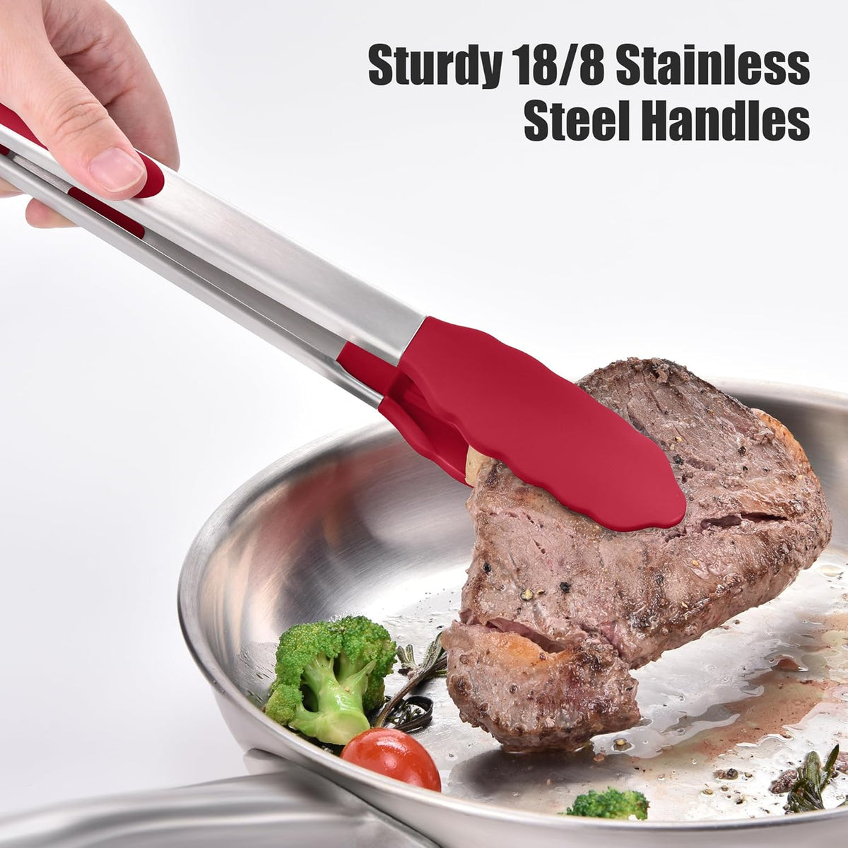 Doosu Kitchen Tongs for Cooking - 600°F Heat Resistant Food Tong Set with Non-Scratch Silicone Tips, Heavy Duty Stainless Steel Locking Tong for BBQ, Grilling Steak, Serving Salad (7+9+12in, Red)
