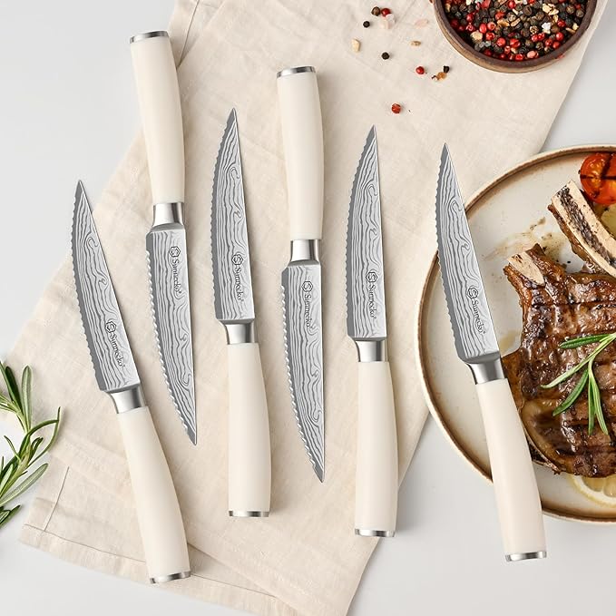 Sunnecko Knife Set with Block and Sharpener, 15 Piece Kitchen Knife Block Set Sharp Kitchen Knives High Carbon Stainless Steel with White Handles