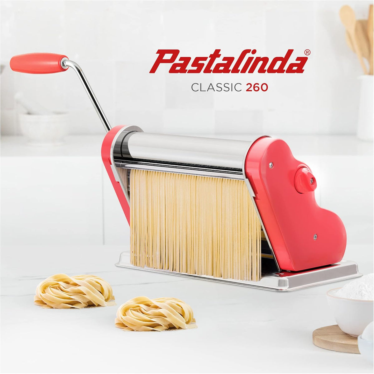 PASTALINDA Classic 260 Pasta Maker Machine, 26 cm Wide Rollers, 9 Thickness Positions, 2 Cutting Positions, Stainless Steel. Includes Reinforced Hand Crank And Two Clamps (Coral)