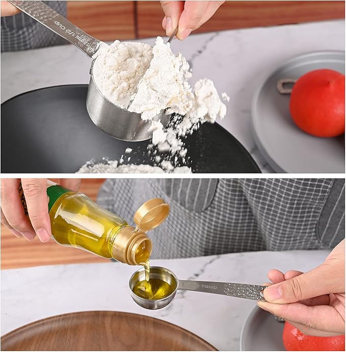 Measuring Cups and Spoons Set 16, 18/8 Stainless Steel Measuring Cups and Spoons Set, Metric & US 6 Measure Cup & 7 Measure Spoon with 1Leveler & 2 Locking Rings for Baking & Kitchen