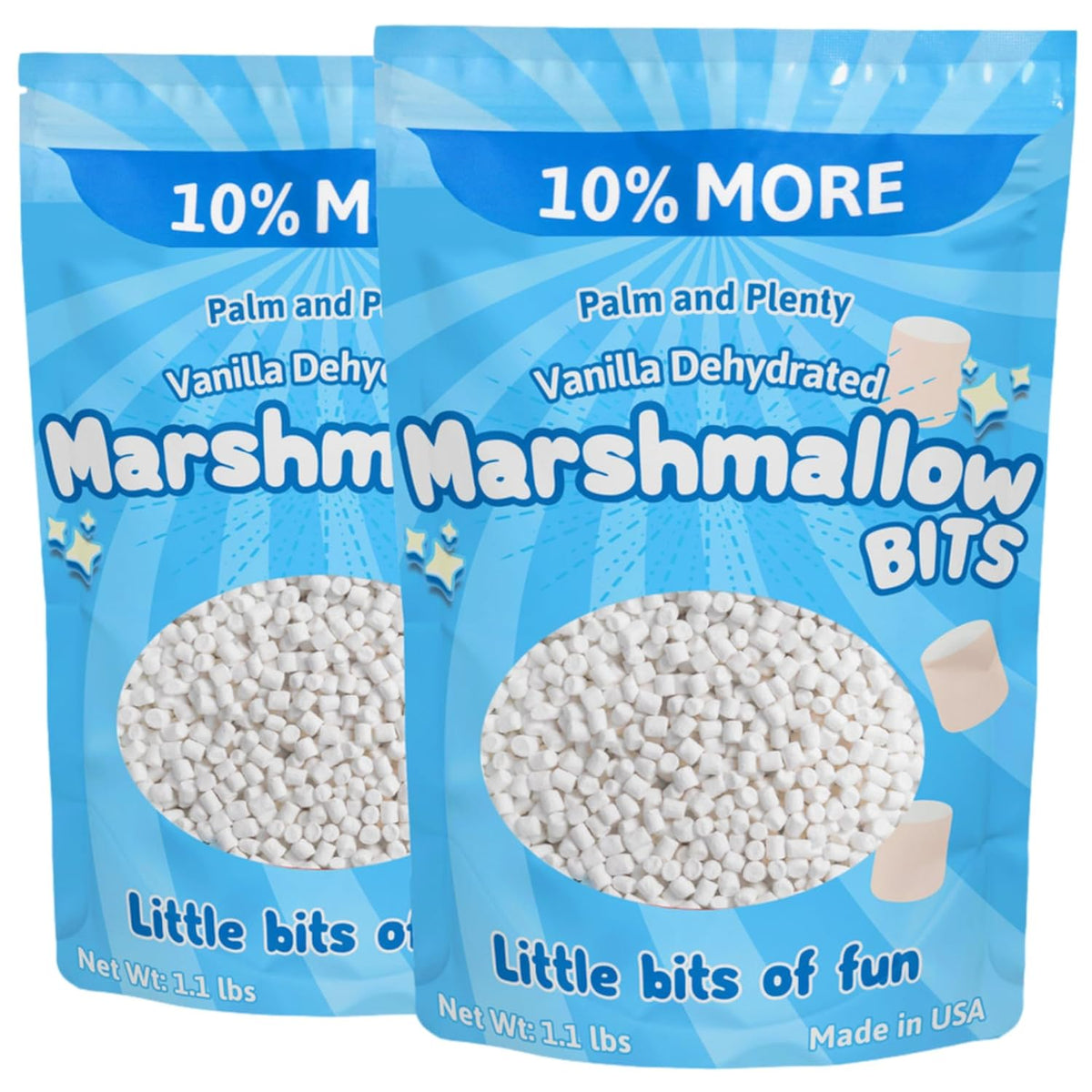 Palm and Plenty Dehydrated Marshmallow Bits | For Cereal, Hot Chocolate, Cocoa, Ice Cream, Desserts | Irresistible Sweet Treats for Snacking and Baking - Vanilla, 2.20 Lbs. (Two 1.1lb bags)