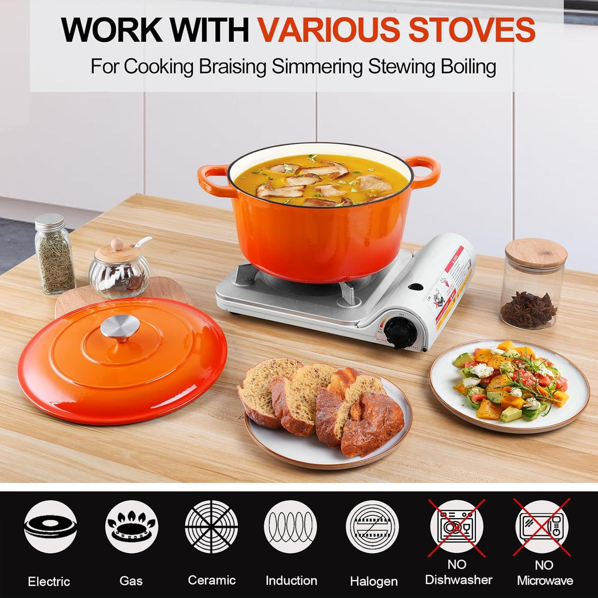 P&P CHEF 6QT Enameled Dutch Oven, Cast Iron Dutch Oven Pot with Lid for Bread Baking, Enameled Casserole Pot for Roasting Braising Stewing Frying Simmering, Various Stoves & Easy Clean, Orange