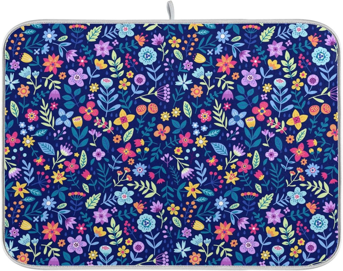 Cute Floral Flowers Dish Drying Mat for Kitchen Counter Absorbent Microfiber Drying Pad, Large 18x24 in, Reversible Drainer Mats