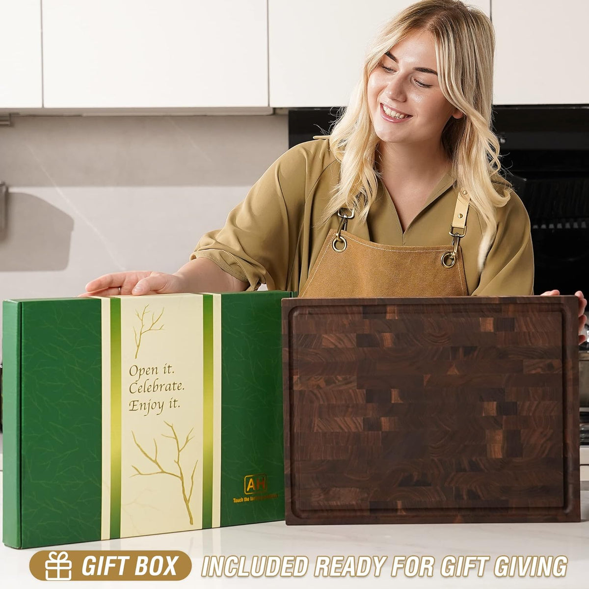 AZRHOM Large End Grain Walnut Wood Cutting Board 17x13x1.5 in Thick Butcher Block for Kitchen with Non-slip Mats Juice Groove & Handles (Gift Box)