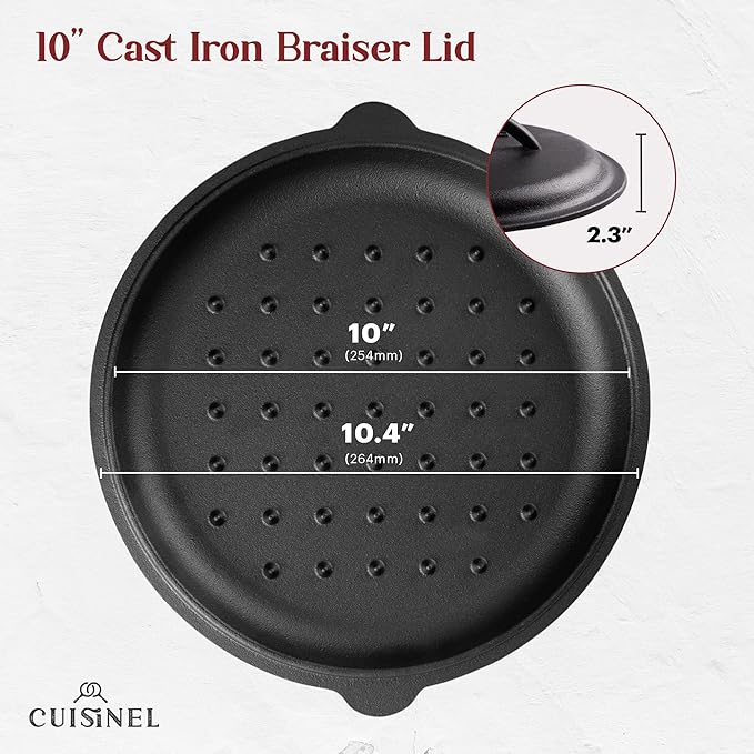 Cuisinel Cast Iron Lid - Fits 10"-Inch Lodge Skillet Frying Pans or Braiser + Silicone Handle Holder + Care Guide - 25.4-cm Pre-Seasoned Universal Replacement Cover - Indoor/Outdoor, Fire, BBQ Safe