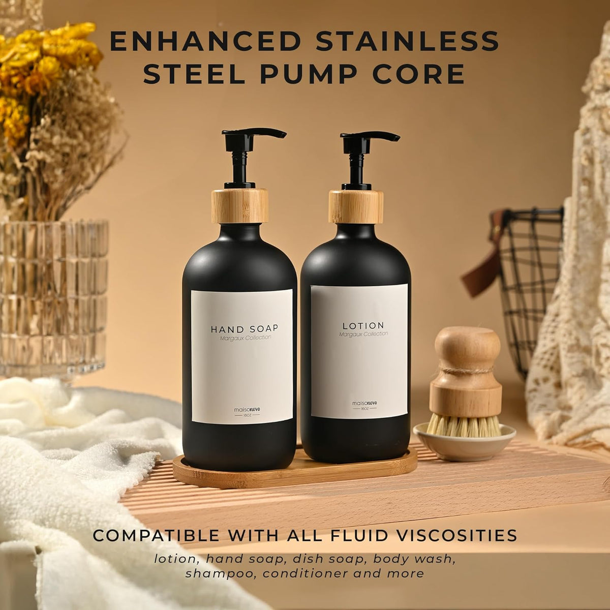 Maisonovo Glass Soap Dispenser Bathroom Set | Hand Soap and Dish Soap Dispenser Set | 16.9oz Amber Bottles with Black Bamboo Pump | Bathroom Lotion Dispenser Set of 2