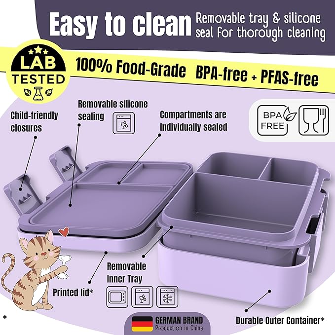 BEARFOOT Kids Lunch Box with Compartments – Compact & Lightweight | Leak-Proof, BPA-Free, Dishwasher & Microwave Safe | Hand-Drawn Design for Preschool, School, Travel (BubbleTea Purple, 2.75 Cups)
