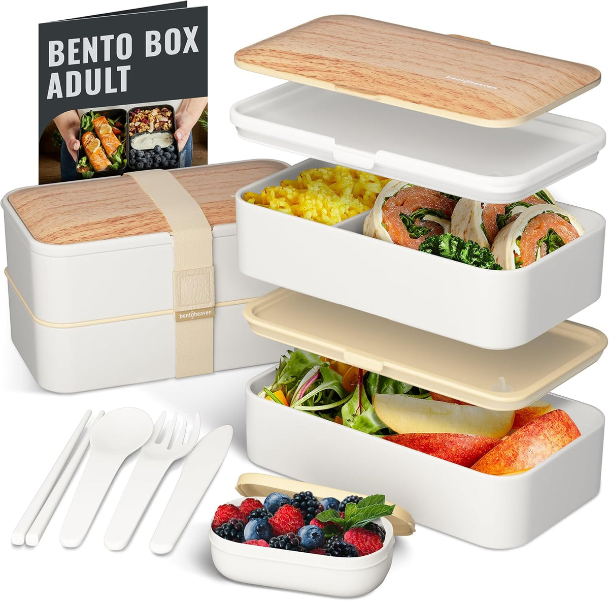 Bentoheaven Premium Bento Box Adult Lunch Box with Compartments for Women & Men, Set of Utensil & Chopsticks & Dip Container, Cute Japanese Kids Bento Lunch Box, Microwavable (Bright Light)