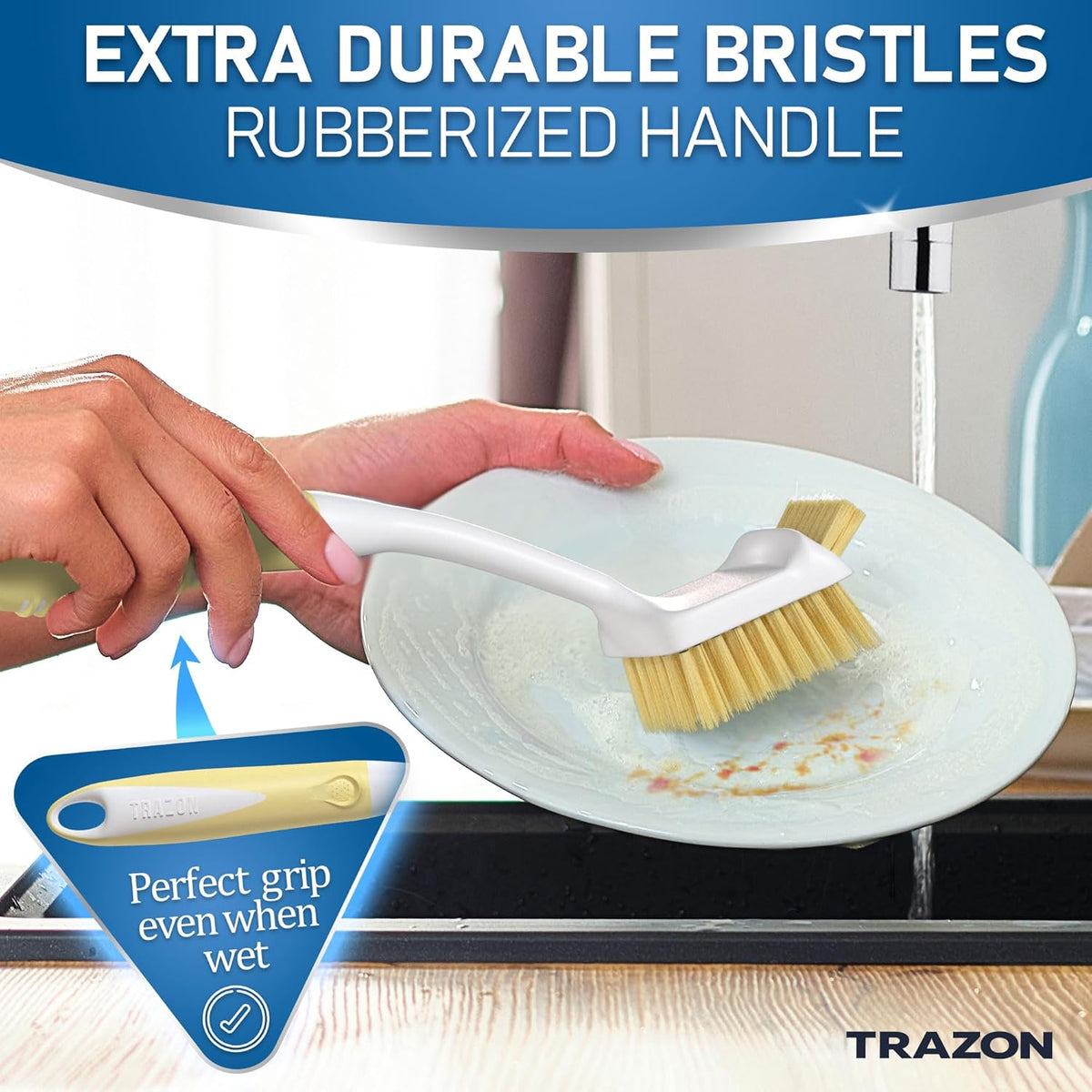 Dish Brush Set of 5 with Holder - Kitchen Scrub Brushes with Non-Slip Long Handle for Cleaning, Scrubber, Dishwashing, Dishes, Bottles, Straws, Cups, Pots & Sink, Baige