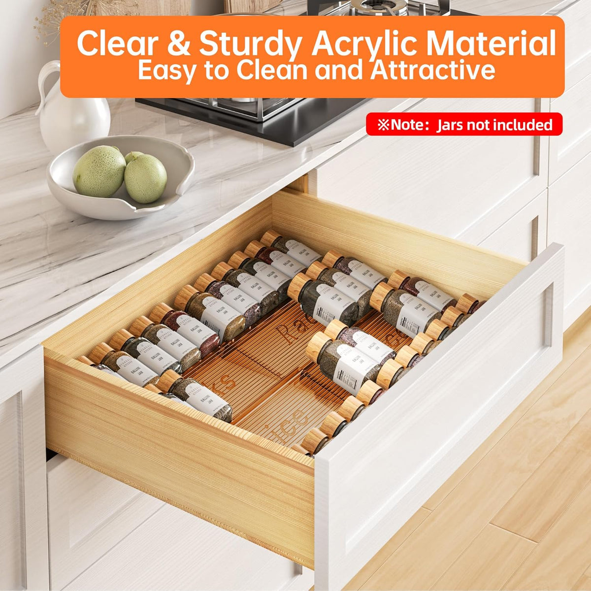 8 Packs Spice Drawer Organizer, 2-Tier Acrylic Drawer Seasoning Organizer, Expandable From 11'' to 22'' Kitchen Spice Rack Organizers and Storage for Drawer (Jars not included), Amber